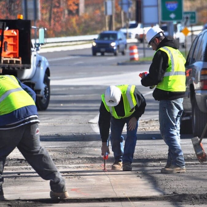 Road Workers Lay Asphalt wearing PPE