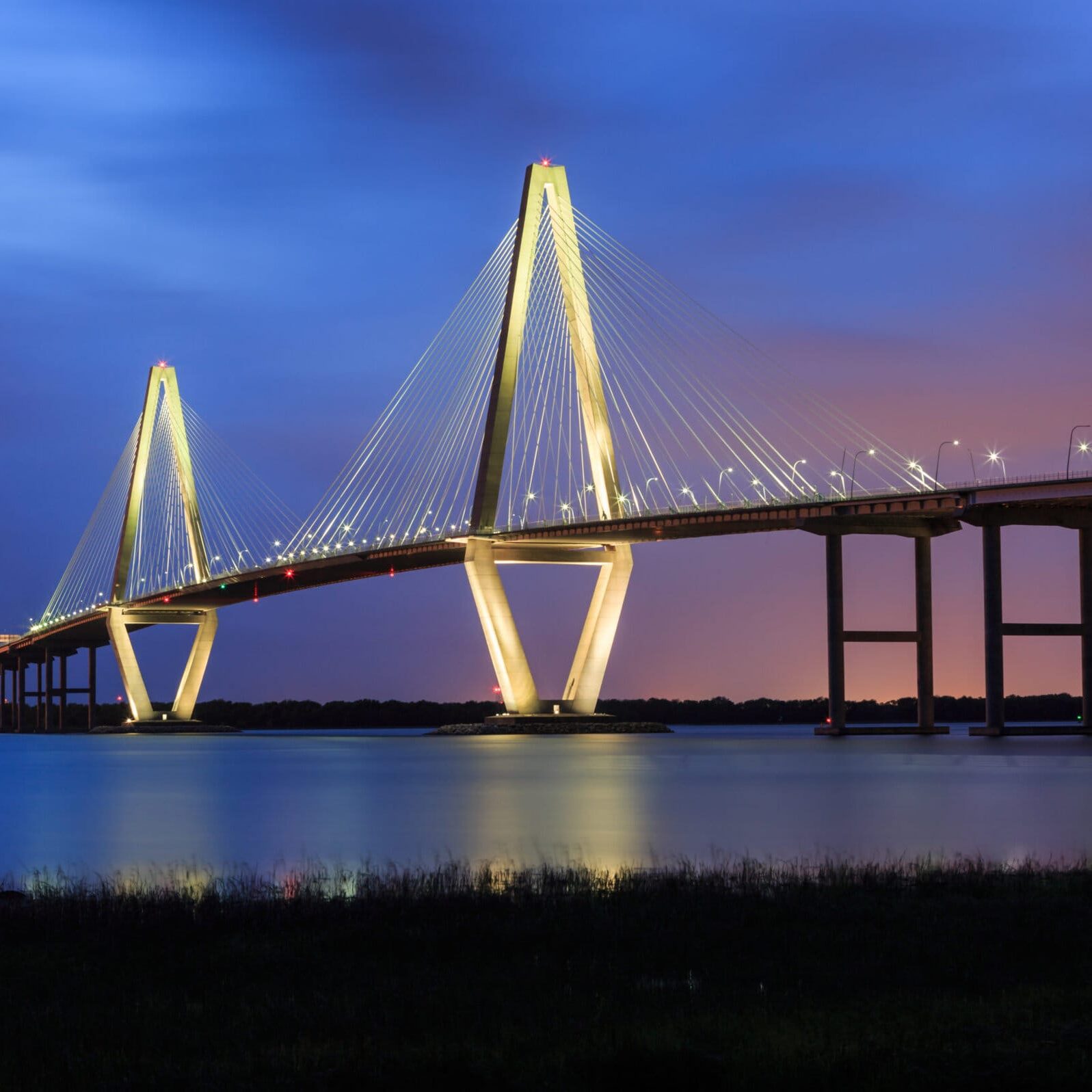 Blue Hour Image Of The Illuminated Arthur Ravenel Bridge Over
